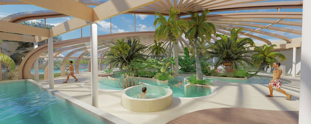 Ein reizvoller Freibadkomplex und dem 2022 neuen, überdachten Poolparadies auf Camping Les Ranchisses in der Ardèche-Region