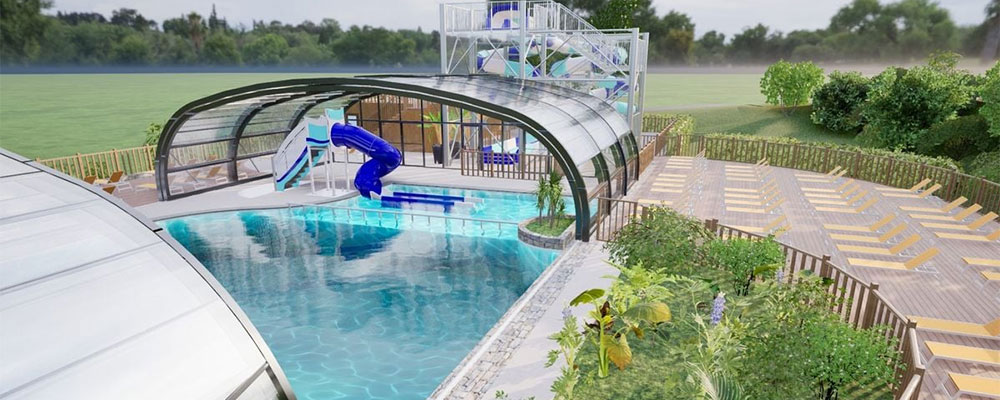 Teilüberdachter Pool und Wasserrutschen auf Camping Lac des Vieilles Forges Teilüberdachter Pool und Wasserrutschen auf Camping Lac des Vieilles Forges